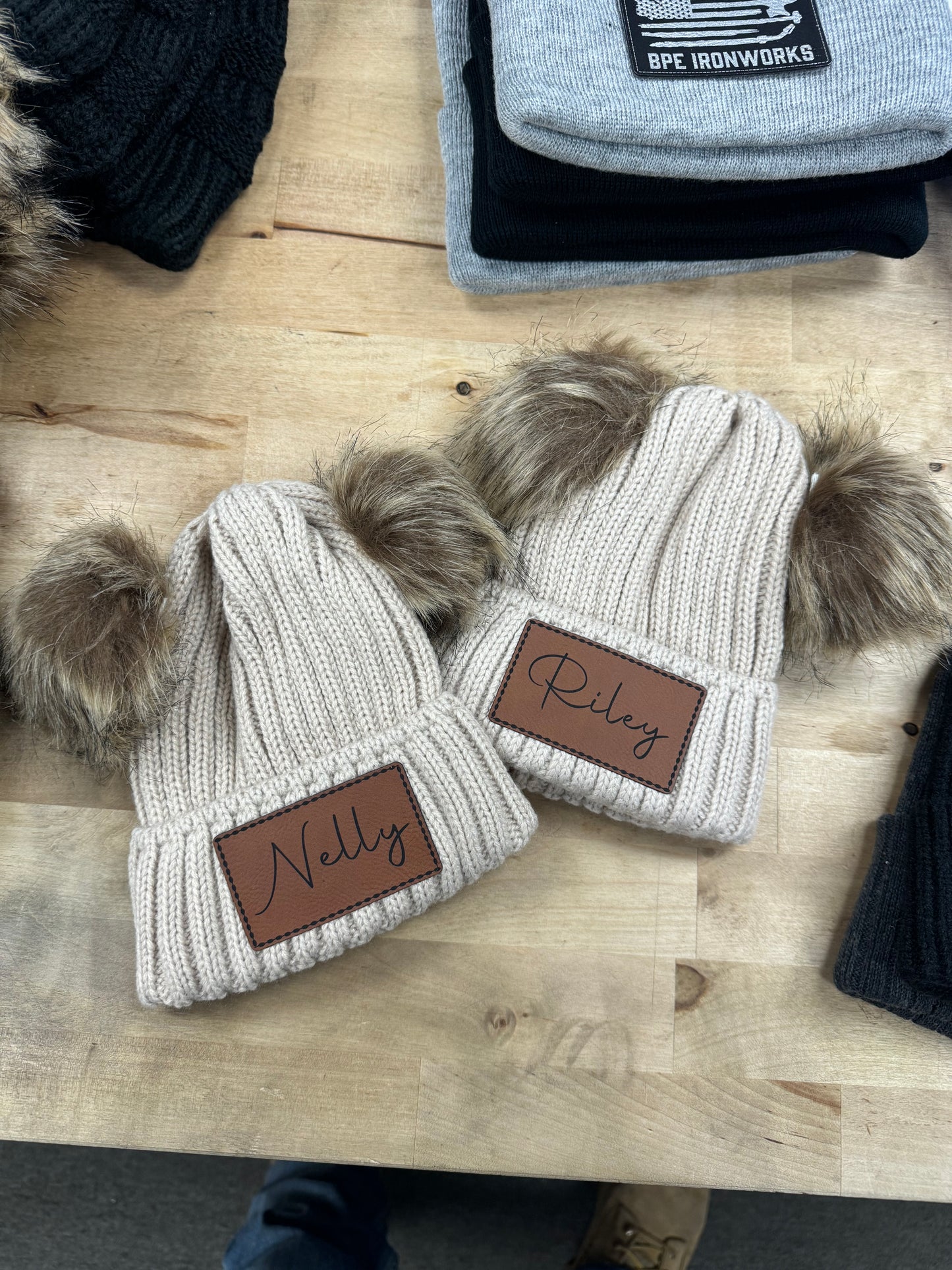 Baby name double pom beanie