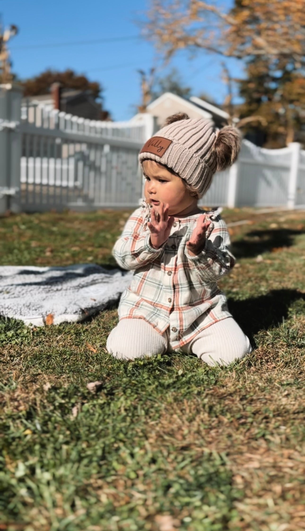 Baby name double pom beanie