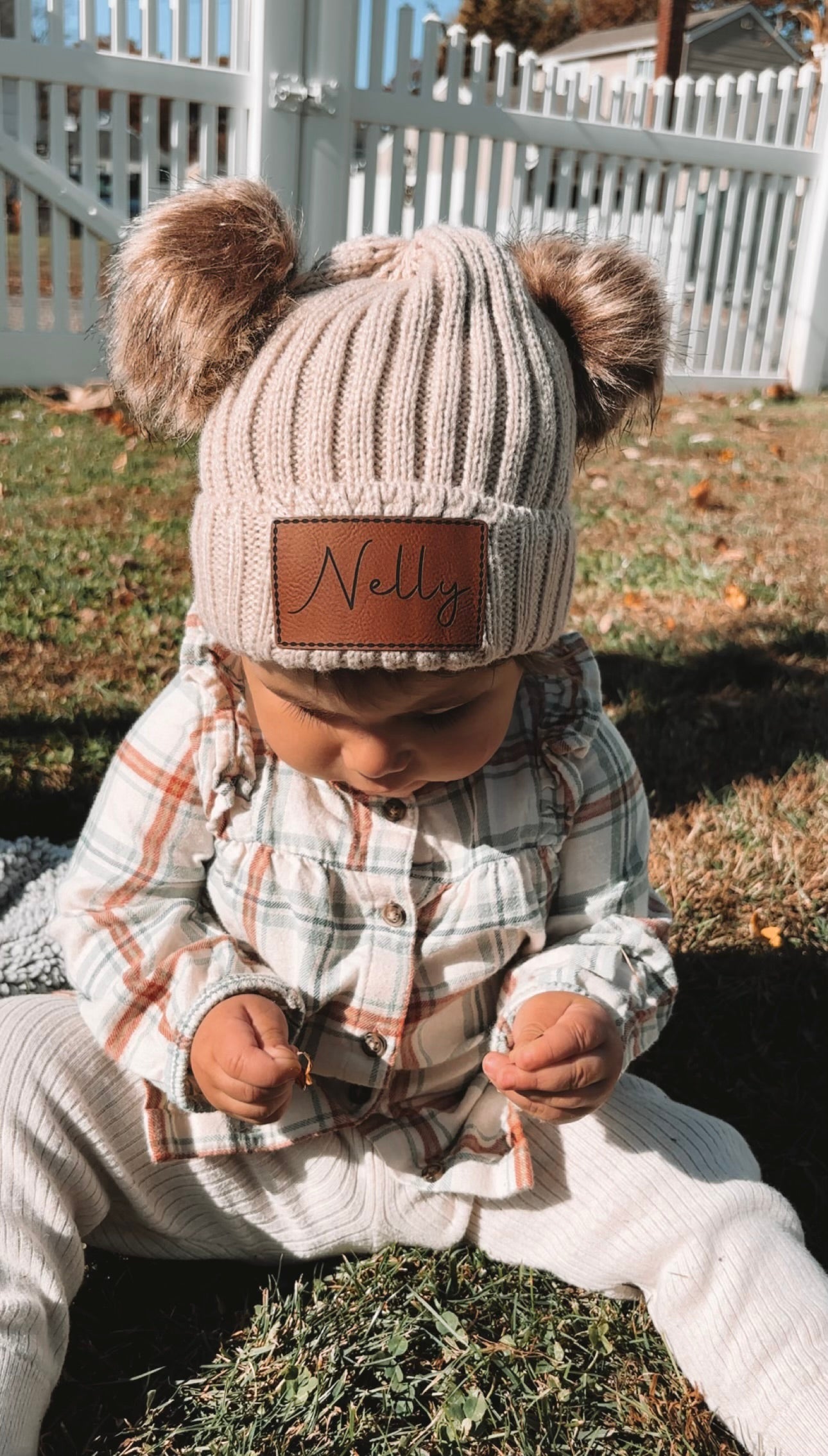 Baby name double pom beanie