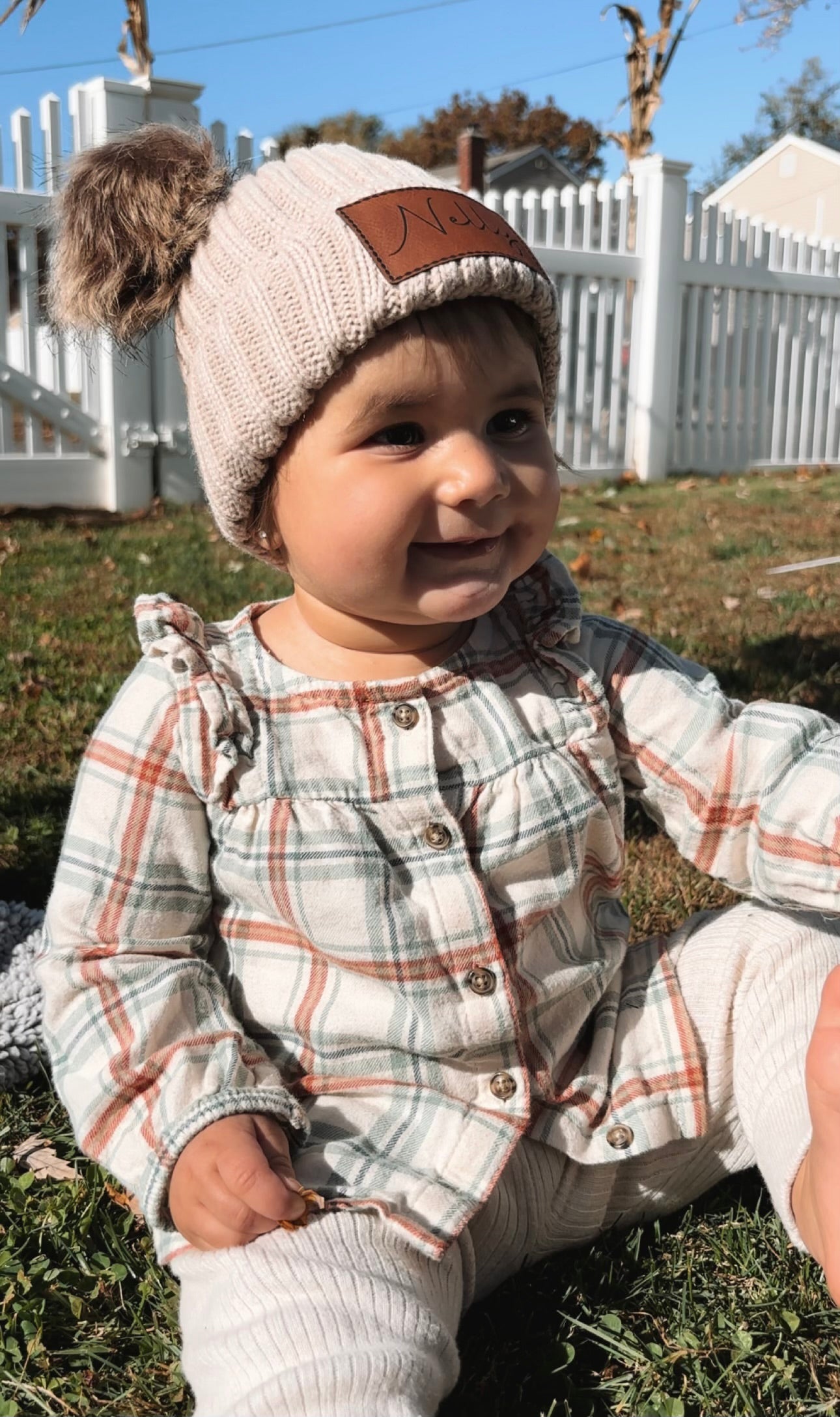 Baby name double pom beanie