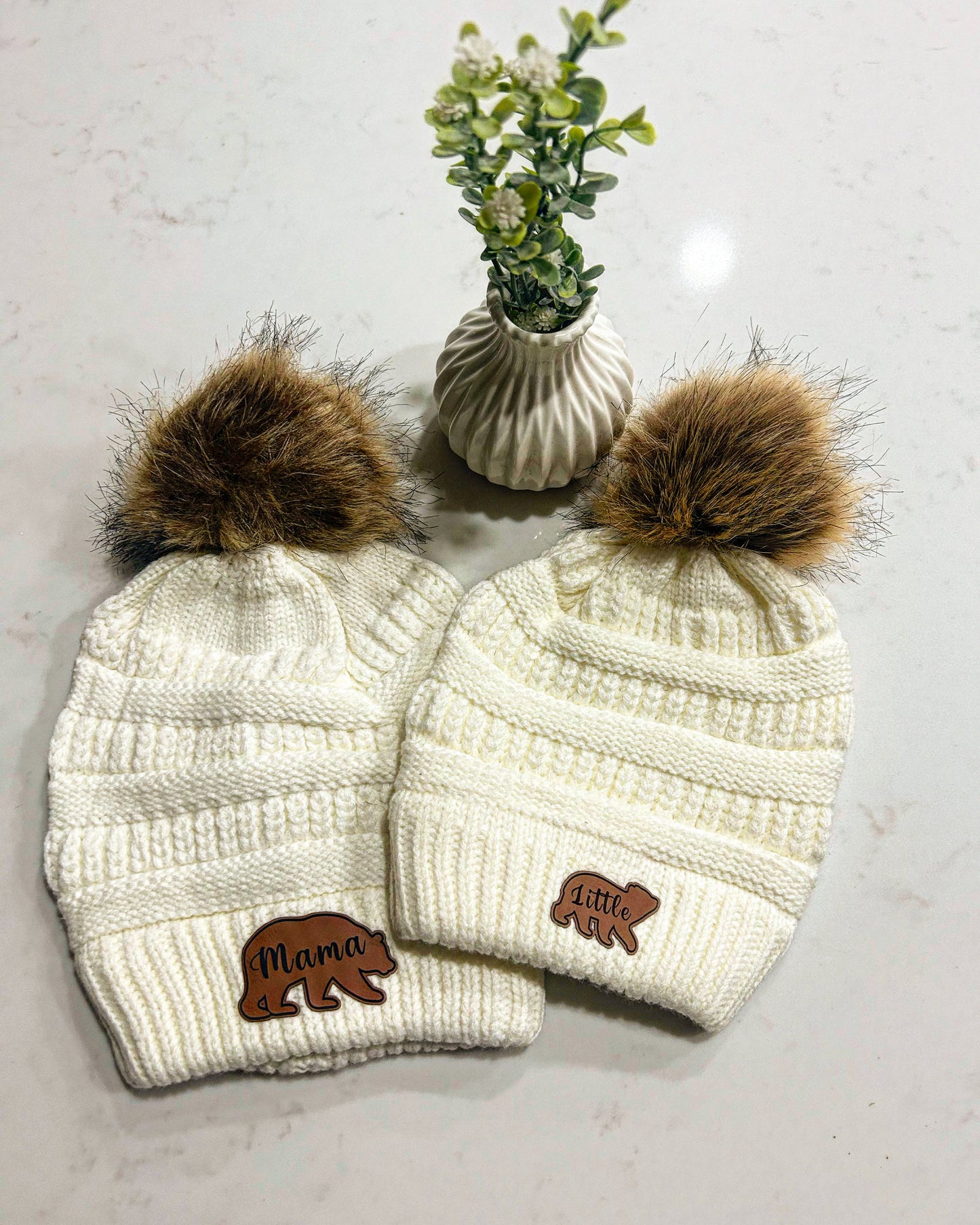 Mom and Me knit pom beanie set